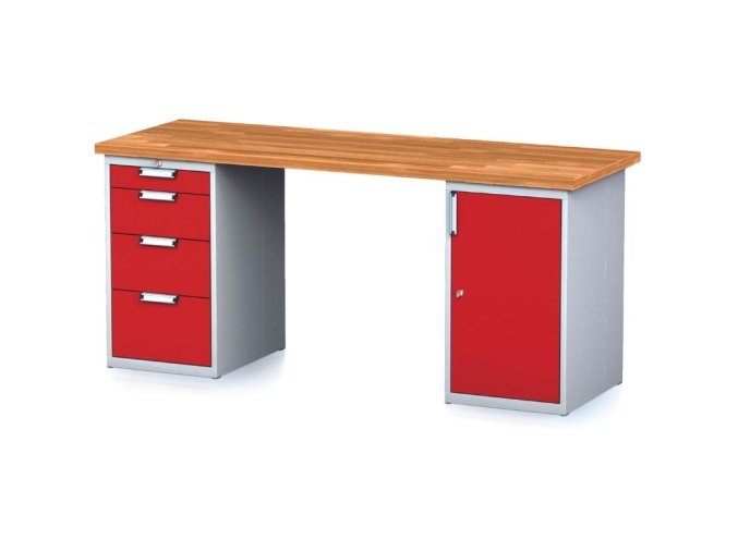 dilensky stul mechanic i se zasuvkovym boxem a skrinkou na naradi misto nohou 4 zasuvky 2000 x 685 x 880 mm cervene dvere 23350