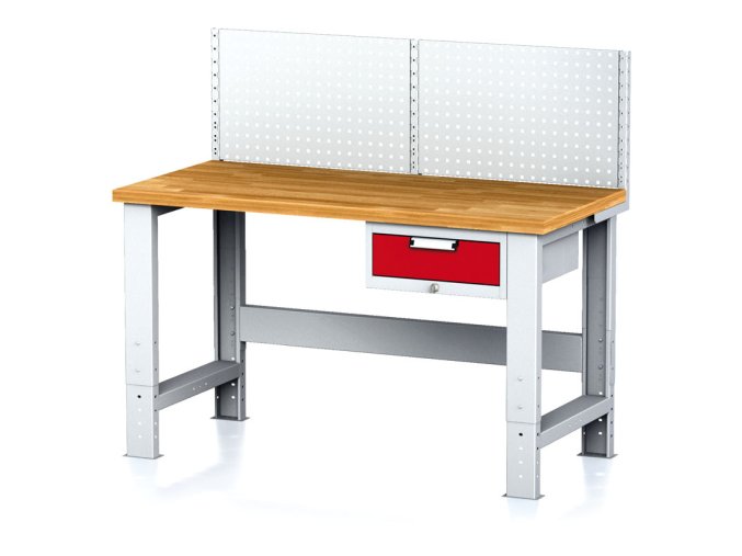 Nastavitelný dílenský stůl MECHANIC I , závěsný box na nářadí, nástavba, 1 zásuvka, 1500x685x700-1055 mm, červené