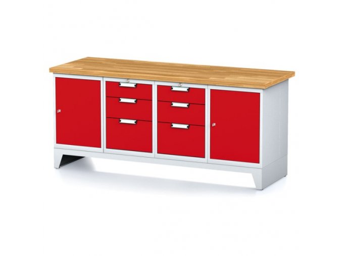 Dílenský stůl MECHANIC I, 2 skříňky a 2x 3 zásuvkový box na nářadí , 6 zásuvek, 2000x700x880 mm, červené dveře