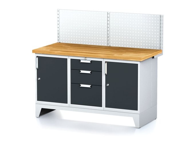 dilensky stul mechanic i perforovany panel 2 skrinky a zasuvkovy box na naradi 3 zasuvky 1500x685x880 mm antracitove dvere 17945
