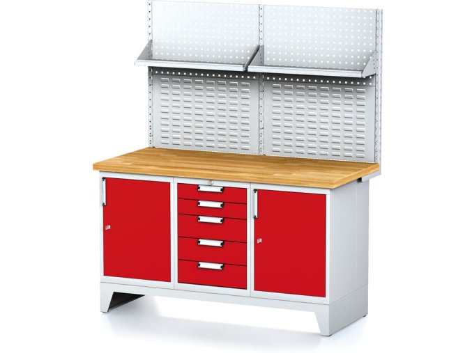 dilensky stul mechanic i perforovany panel police 2 skrinky a zasuvkovy box na naradi 5 zasuvek 1500x685x880 mm cervene dvere 17939