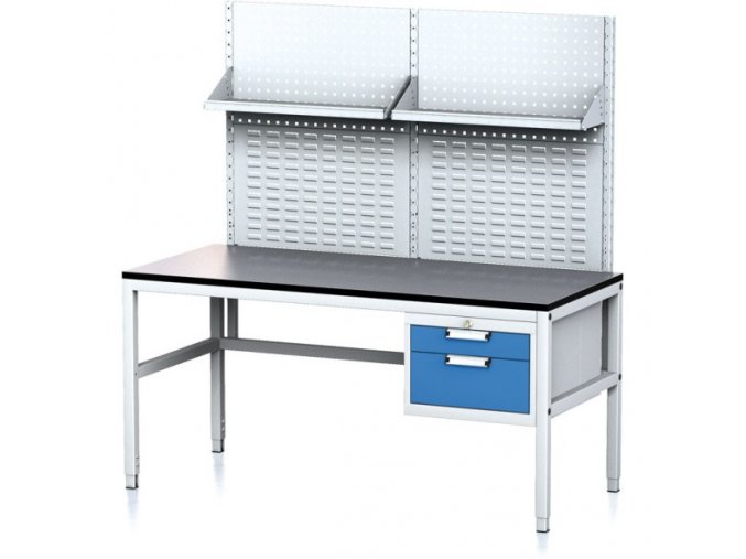 Nastavitelný dílenský stůl MECHANIC II s perfopanelem a policemi, 2 zásuvkový box na nářadí, 1600x700x745-985 mm,  šedá/modrá