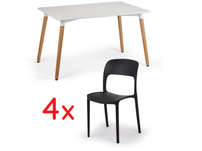 Sestava - Jídelní stůl 120x80 + 4x plastová židle REFRESCO černá