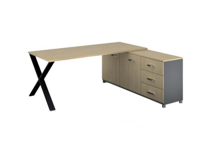 Rohový kancelářský psací stůl PRIMO PROTEST, skříňka vpravo, 1800 x 800 mm, šedá / bříza