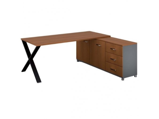 Rohový kancelářský psací stůl PRIMO PROTEST, skříňka vpravo, 1800 x 800 mm, šedá / třešeň