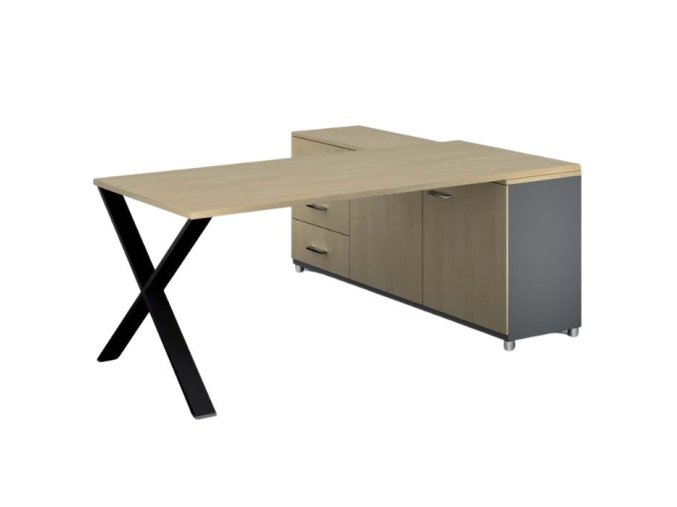 Rohový kancelářský psací stůl PRIMO PROTEST, skříňka vlevo, 1800 x 800 mm, šedá / bříza