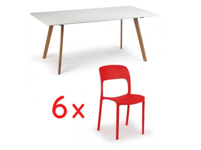 Jídelní stůl 180x90 + 6x plastová židle REFRESCO červená
