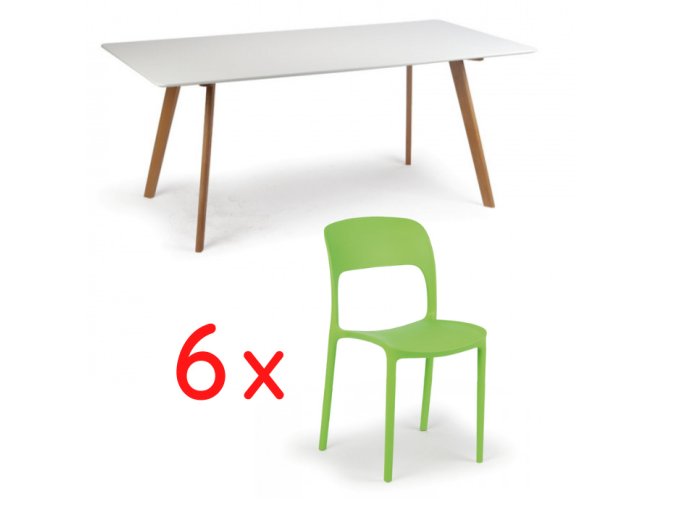 Jídelní stůl 180x90 + 6x plastová židle REFRESCO zelená