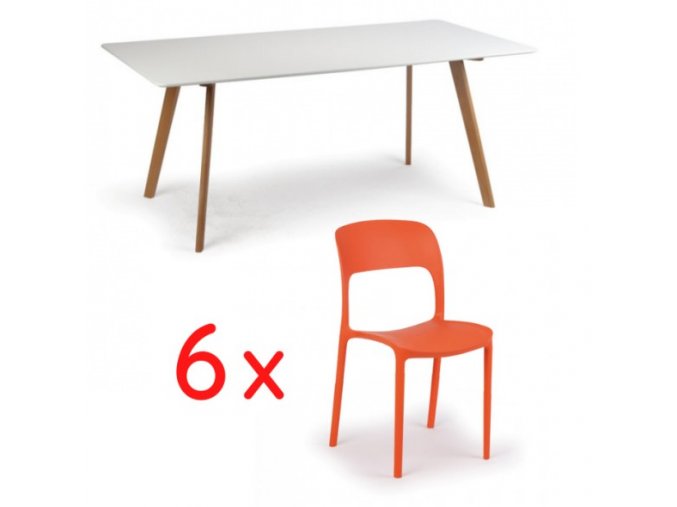 Jídelní stůl 180x90 + 6x plastová židle REFRESCO oranžová