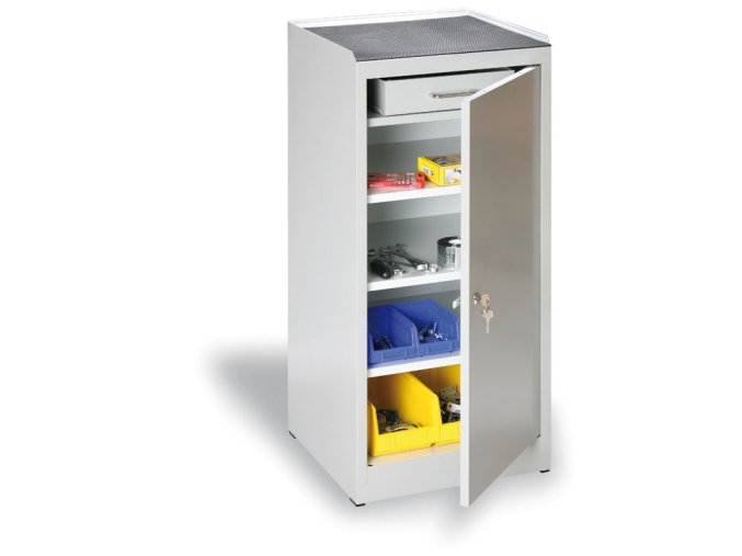 dilenska policova skrinka na naradi 3 police 1 zasuvka 450 x 450 x 1020 mm sede dvere 1580