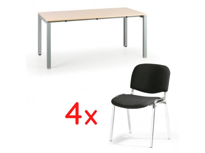 Jednací stůl AIR 1600x800 bříza + 4 židle VIVA černá