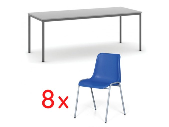 Stůl jídelní, šedý 2000 x 800 + 8 jídelních židlí AMADOR, modrá