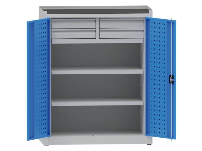 Dílenská kovová skříň na nářadí KOVONA, 2 police, 4 zásuvky, svařovaná, nosnost 50 kg, 950 x 500 x 1170 mm