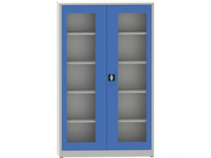 Svařovaná policová skříň s prosklenými dveřmi, 1950 x 1200 x 500 mm, šedá/modrá