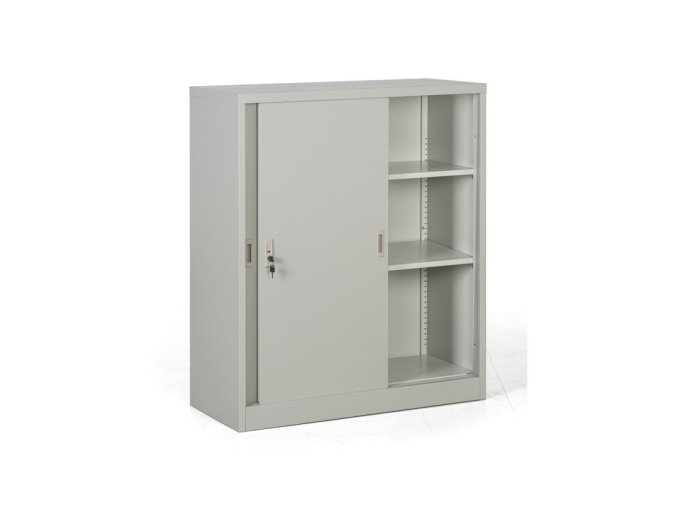 kovova skrin s posuvnymi dvermi demontovana 2 police 1000 x 1200 x 450 mm svetle seda 26967