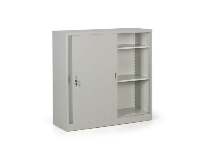 kovova skrin s posuvnymi dvermi demontovana 2 police 1200 x 1200 x 450 mm svetle seda 26962