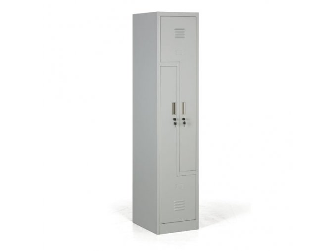 Kovová šatní skříňka Z, 2 oddíly, cylindrický zámek, šedé dveře