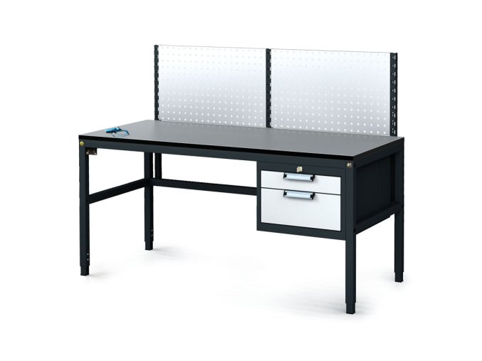 Antistatický dílenský ESD stůl s perfopanelem, 2 zásuvkový box na nářadí, 1600x800x745-985 mm
