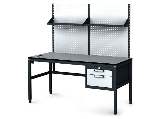 antistaticky dilensky esd stul s perfopanelem a policemi 2 zasuvkovy box na naradi 1600x800x745 985 mm 35221