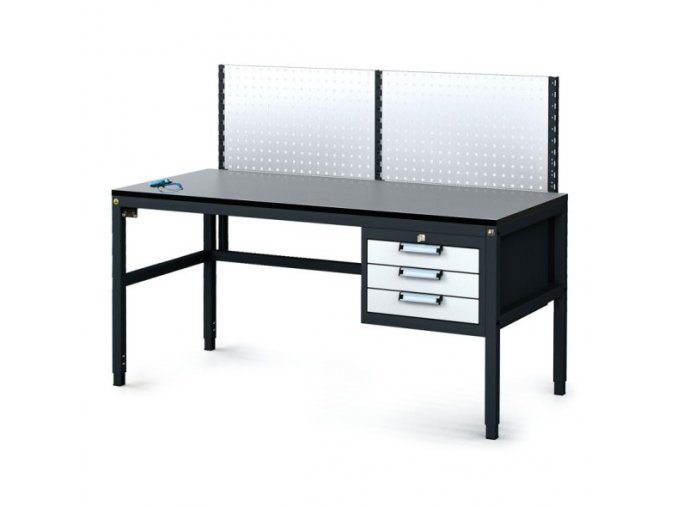 Antistatický dílenský ESD stůl s perfopanelem, 3 zásuvkový box na nářadí, 1600x800x745-985 mm