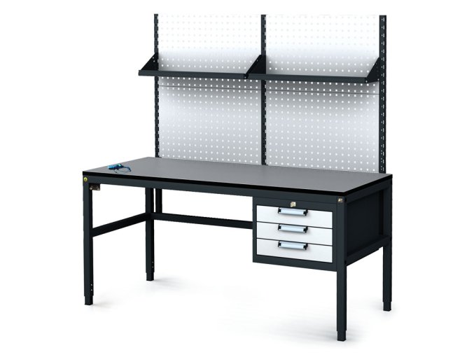 antistaticky dilensky esd stul s perfopanelem a policemi 3 zasuvkovy box na naradi 1600x800x745 985 mm 35225
