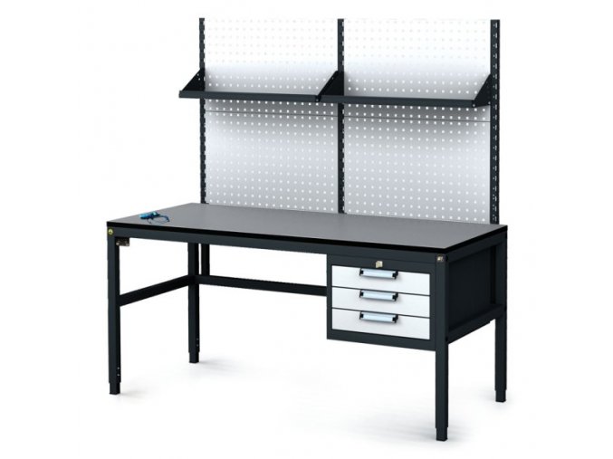 Antistatický dílenský ESD stůl s perfopanelem a policemi, 3 zásuvkový box na nářadí, 1600x800x745-985 mm