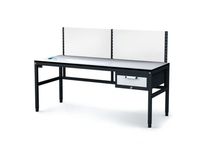 Antistatický dílenský ESD stůl s perfopanelem, 1 zásuvkový box na nářadí, 1800x800x745-985 mm