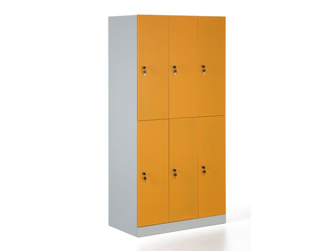 Kovová šatní skříňka s úložnými boxy, demontovaná, oranžové dveře, cylindrický zámek