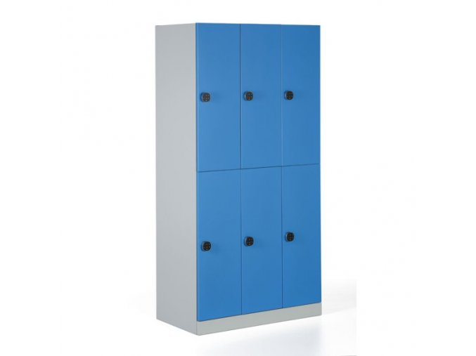 Kovová šatní skříňka s úložnými boxy, demontovaná, modré dveře, kódový zámek