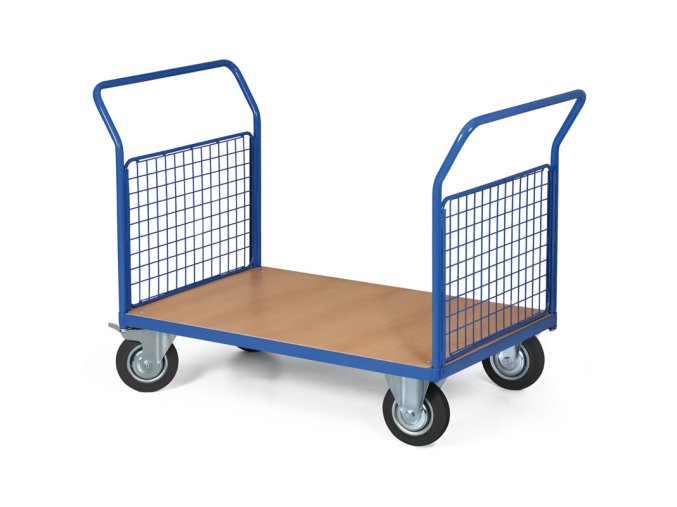 Plošinový vozík - 2 madla s drátěnou výplní, 1000x700 mm, nosnost 300 kg, kola 160 mm s černou pryží
