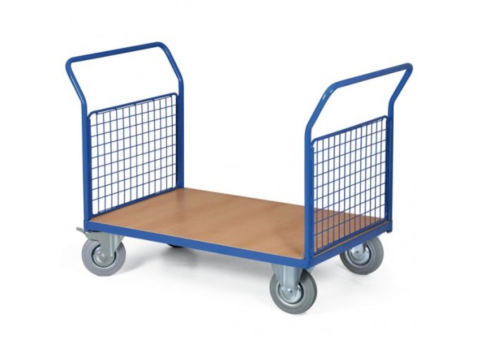 Plošinový vozík - 2 madla s drátěnou výplní, 1200x800 mm, nosnost 200 kg, kola 125 mm s šedou pryží