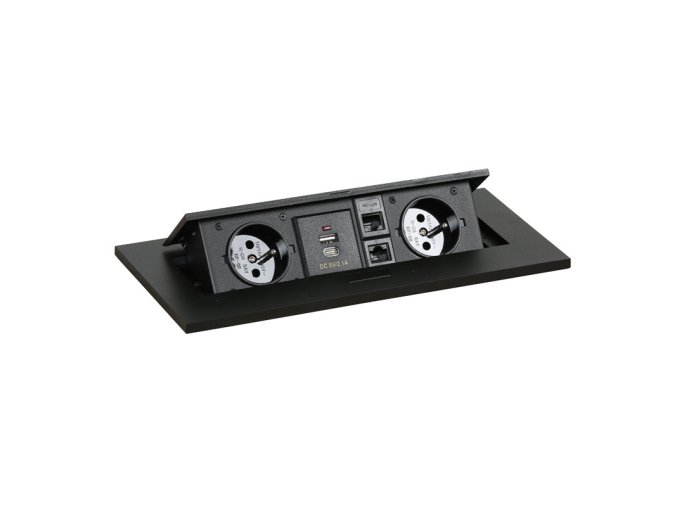 Zásuvkový box TYP II - výklopný, 2x zásuvka, USB-A + USB-C, 2x RJ45 port, černá