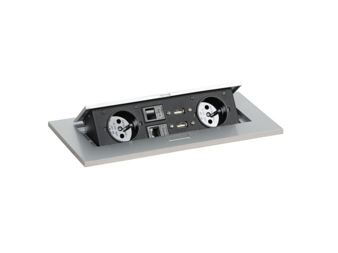Zásuvkový box TYP III - výklopný, 2x zásuvka, 2x port USB data, 2x RJ45 port, stříbrná