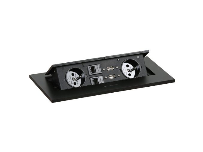 Zásuvkový box TYP III - výklopný, 2x zásuvka, 2x port USB data, 2x RJ45 port, černá