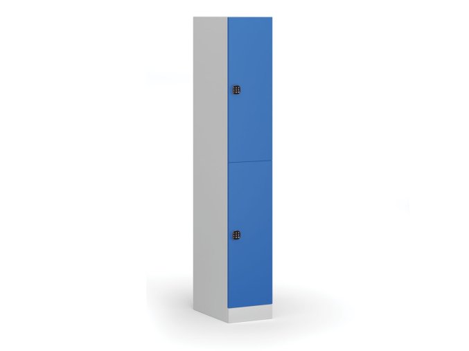 Šatní skříňka s úložnými boxy, 2 boxy, 1850 x 300 x 500 mm, kódový zámek, modré dveře