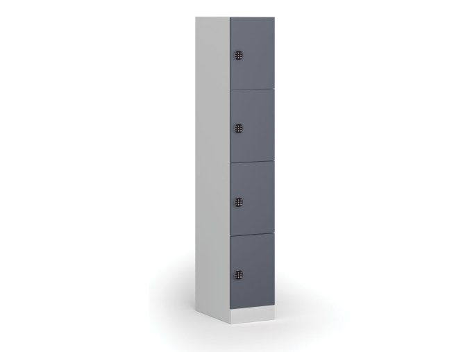 Šatní skříňka s úložnými boxy, 4 boxy, 1850 x 300 x 500 mm, kódový zámek, tmavě šedé dveře