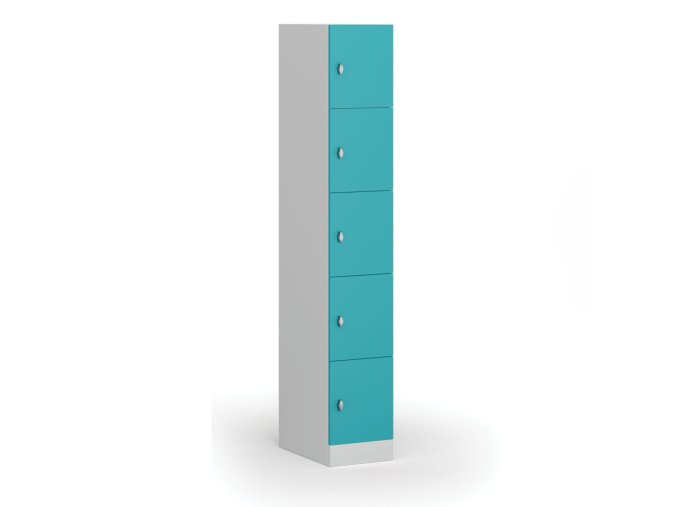 Šatní skříňka s úložnými boxy, 5 boxů, 1850 x 300 x 500 mm, otočný zámek, zelené dveře