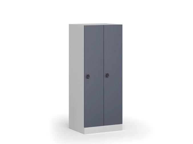 Snížená šatní skříňka, 2 oddíly, 1500 x 600 x 500 mm, kódový zámek, tmavě šedé dveře