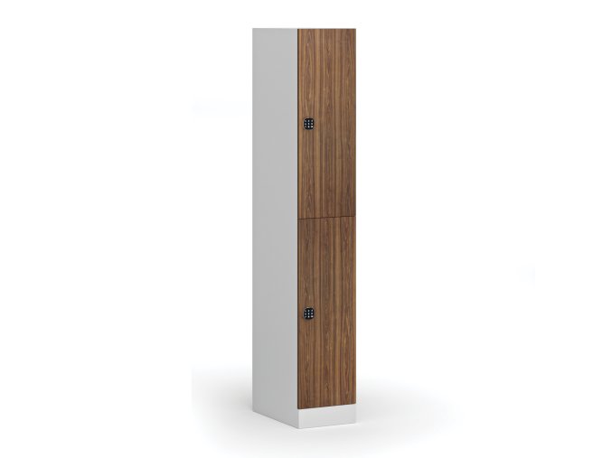 Šatní skříňka s úložnými boxy, 2 boxy, 1850 x 300 x 500 mm, kódový zámek, laminované dveře, ořech