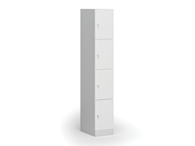 Šatní skříňka s úložnými boxy, 4 boxy, 1850 x 300 x 500 mm, cylindrický zámek, laminované dveře, bílá