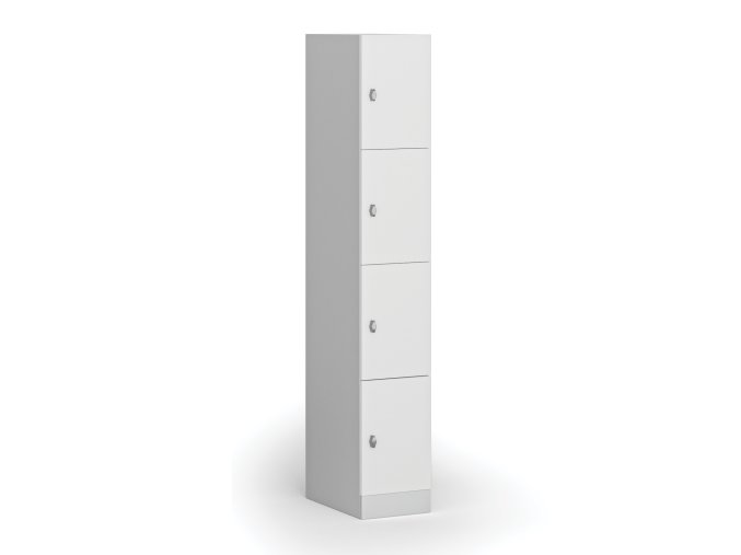 Šatní skříňka s úložnými boxy, 4 boxy, 1850 x 300 x 500 mm, otočný zámek, laminované dveře, bílá