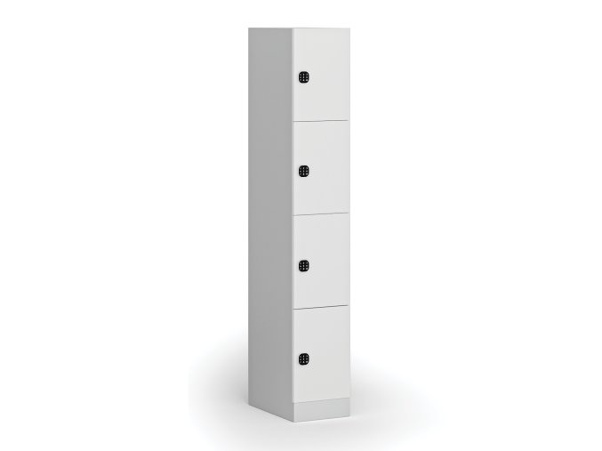 Šatní skříňka s úložnými boxy, 4 boxy, 1850 x 300 x 500 mm, kódový zámek, laminované dveře, bílá