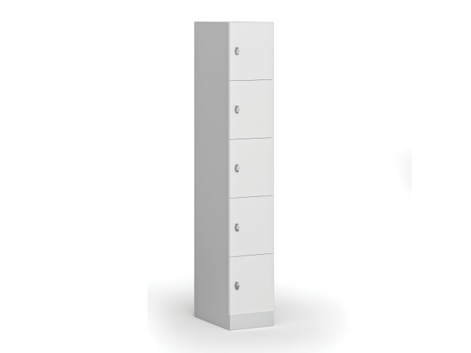 Šatní skříňka s úložnými boxy, 5 boxů, 1850 x 300 x 500 mm, otočný zámek, laminované dveře, bílá