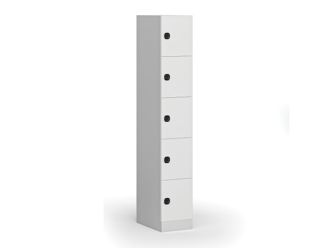 Šatní skříňka s úložnými boxy, 5 boxů, 1850 x 300 x 500 mm, kódový zámek, laminované dveře, bílá