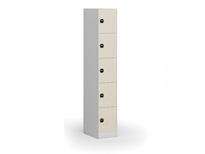 Šatní skříňka s úložnými boxy, 5 boxů, 1850 x 300 x 500 mm, RFID zámek, laminované dveře, bříza