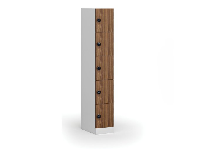 Šatní skříňka s úložnými boxy, 5 boxů, 1850 x 300 x 500 mm, RFID zámek, laminované dveře, ořech
