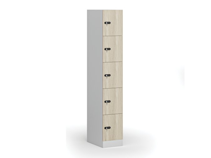 satni skrinka s1 s uloznymi boxy 5 boxu 1850 x 300 x 500 mm demont mechanicky kodovy zamek laminovane dvere dub prirodni 111014