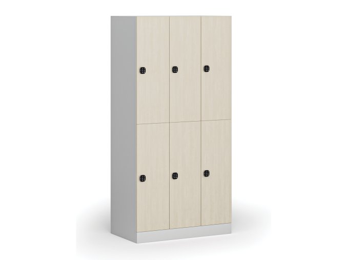 Šatní skříňka s úložnými boxy, 6 boxů, 1850 x 900 x 500 mm, kódový zámek, laminované dveře, bříza