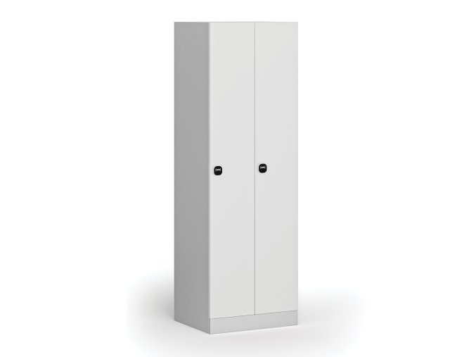 Kovová šatní skříňka, 2 oddíly, 1850 x 600 x 500 mm, RFID zámek, laminované dveře, bílá