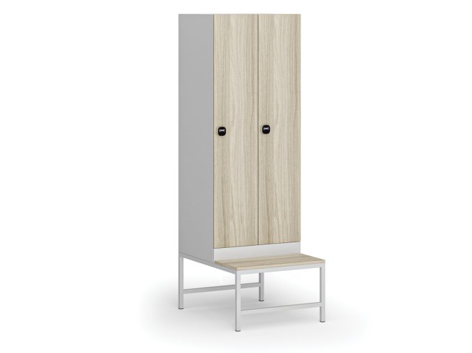 Šatní skříňka s lavičkou, 2 oddíly, 1875 x 600 x 500/800 mm, RFID zámek, laminované dveře, dub přírodní